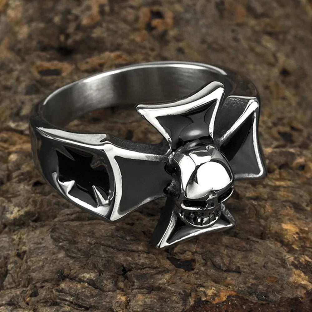 Metal cross skull carved ring