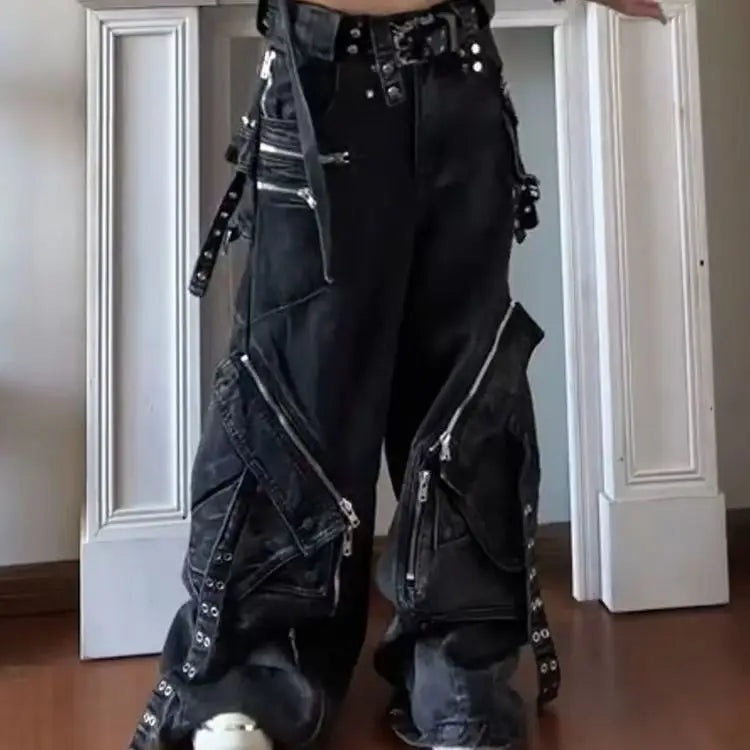 Black Gothic Punk Multi-Pocket Zipper Black Jeans Men And Women Y2K American Baggy Fashion Vintage Casual Loose Wide-Leg Jeans