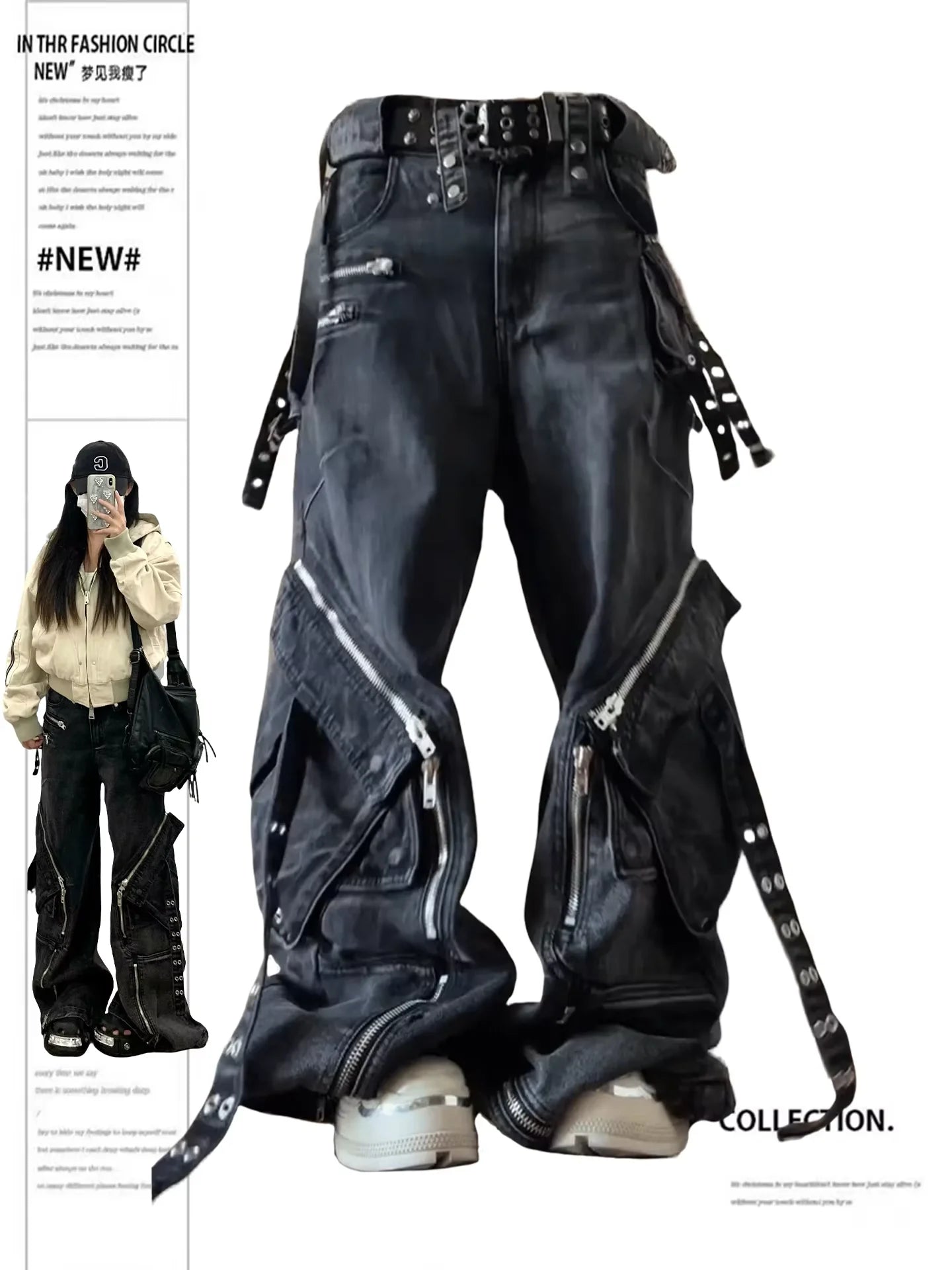 Black Gothic Punk Multi-Pocket Zipper Black Jeans Men And Women Y2K American Baggy Fashion Vintage Casual Loose Wide-Leg Jeans
