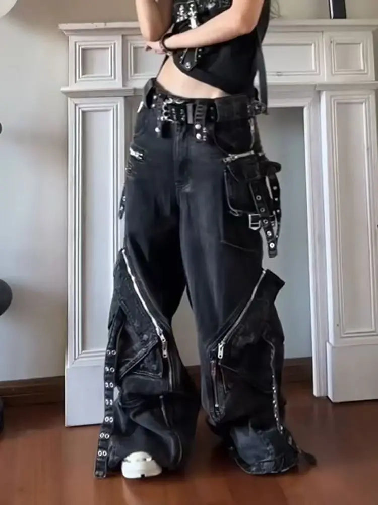Black Gothic Punk Multi-Pocket Zipper Black Jeans Men And Women Y2K American Baggy Fashion Vintage Casual Loose Wide-Leg Jeans