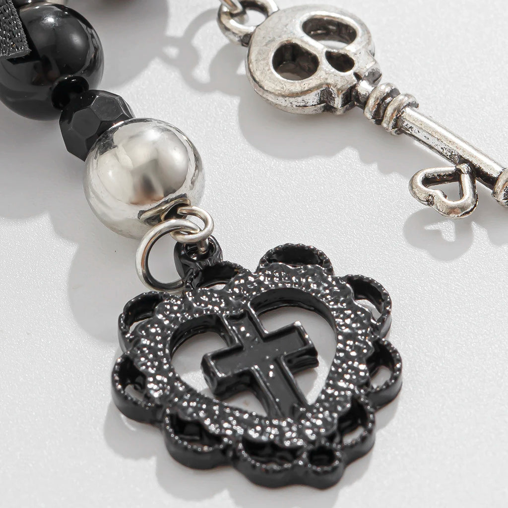 IngeSight.Z New Goth Black Bowknot Keychain Women 2024 Classic Cross Love Heart Key Ring Ladies Halloween Jewelry Gift