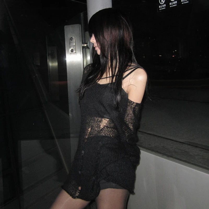 Karrcat Grunge Aesthetics Hollow Out Pullover Trashy 2000s Style Off Shoulder Knit Tops Japanese Y2k Hole Sweater Ripped Gothic