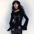 Karrcat Grunge Aesthetics Knitted Tops Vintage Off Shoulder Tattoo Print T-shirt Wasteland Punk Black Ribbed Tee Shirt Gothic
