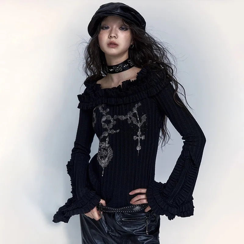 Karrcat Grunge Aesthetics Knitted Tops Vintage Off Shoulder Tattoo Print T-shirt Wasteland Punk Black Ribbed Tee Shirt Gothic