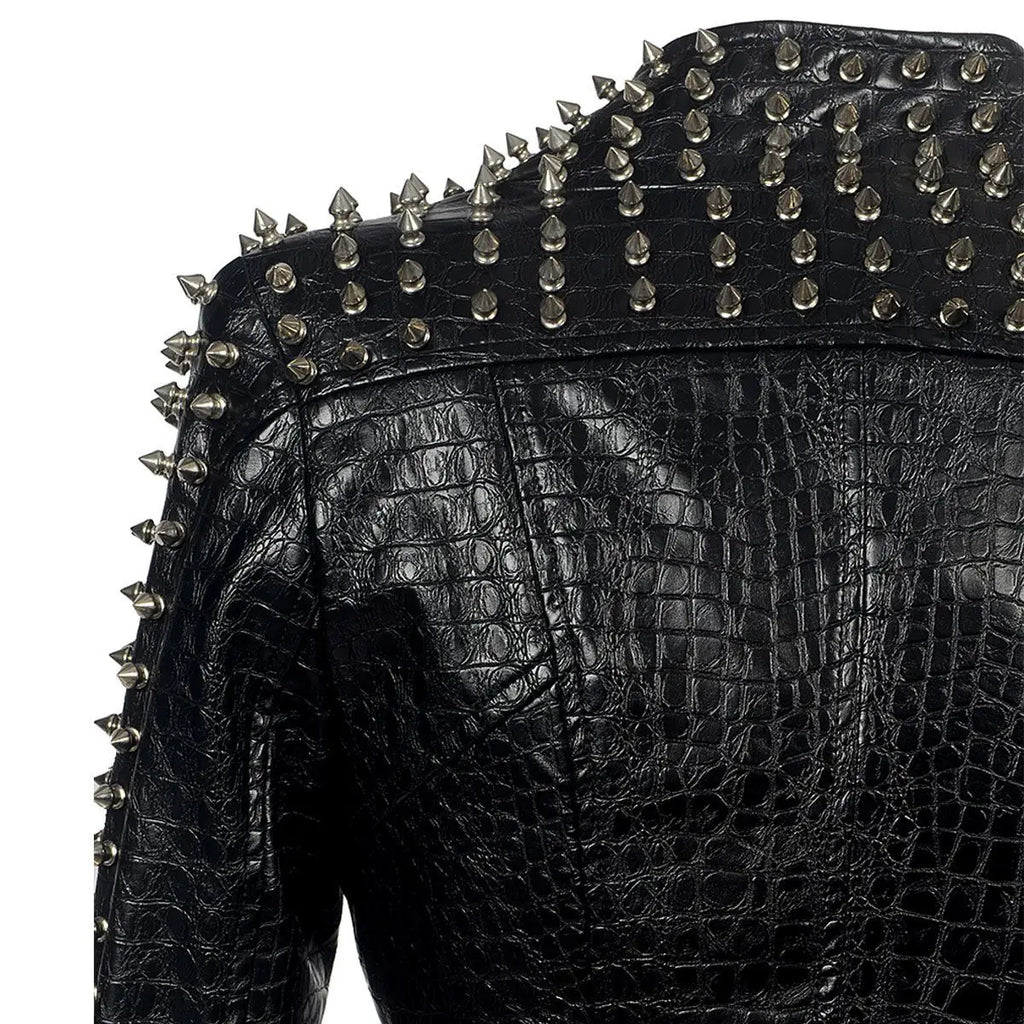 Winter multi rivet short PU leather coat long sleeve jacket fashion women punk Rock black leather clothing