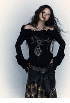 Karrcat Grunge Aesthetics Knitted Tops Vintage Off Shoulder Tattoo Print T-shirt Wasteland Punk Black Ribbed Tee Shirt Gothic