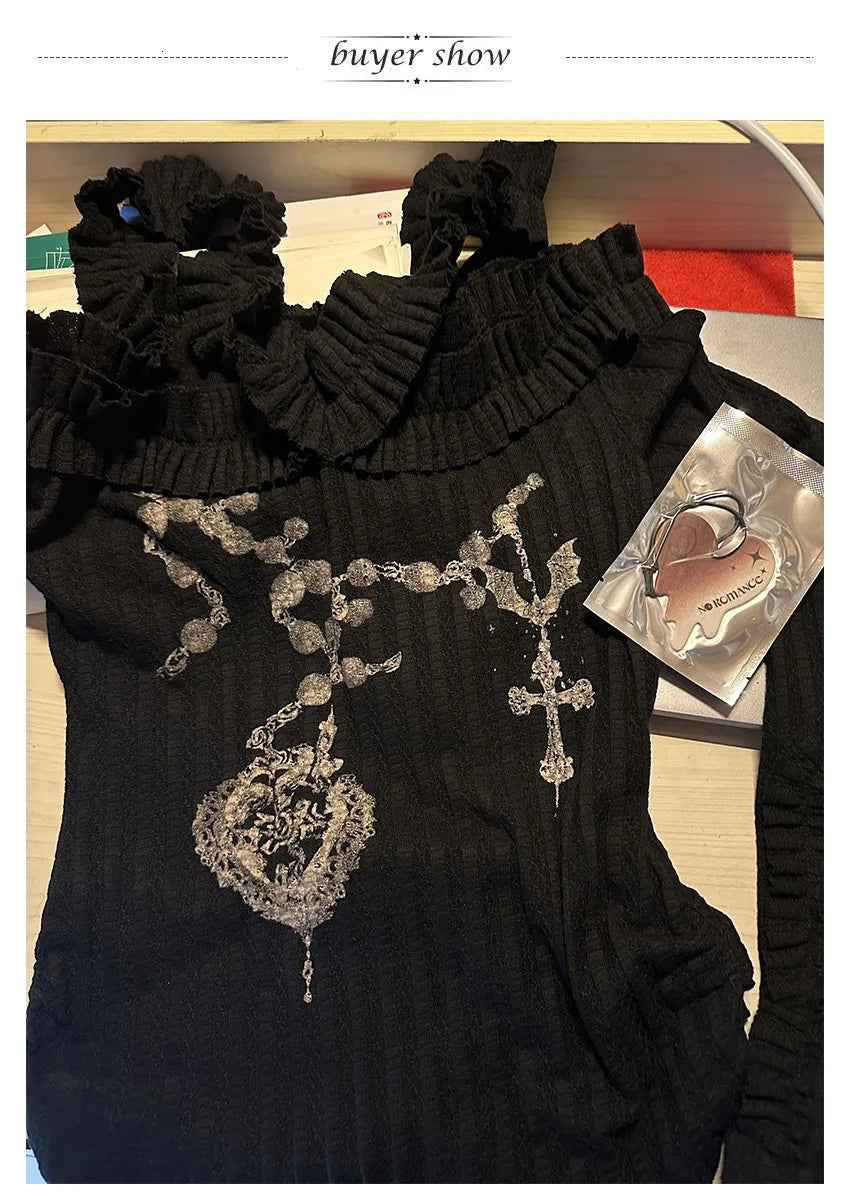 Karrcat Grunge Aesthetics Knitted Tops Vintage Off Shoulder Tattoo Print T-shirt Wasteland Punk Black Ribbed Tee Shirt Gothic