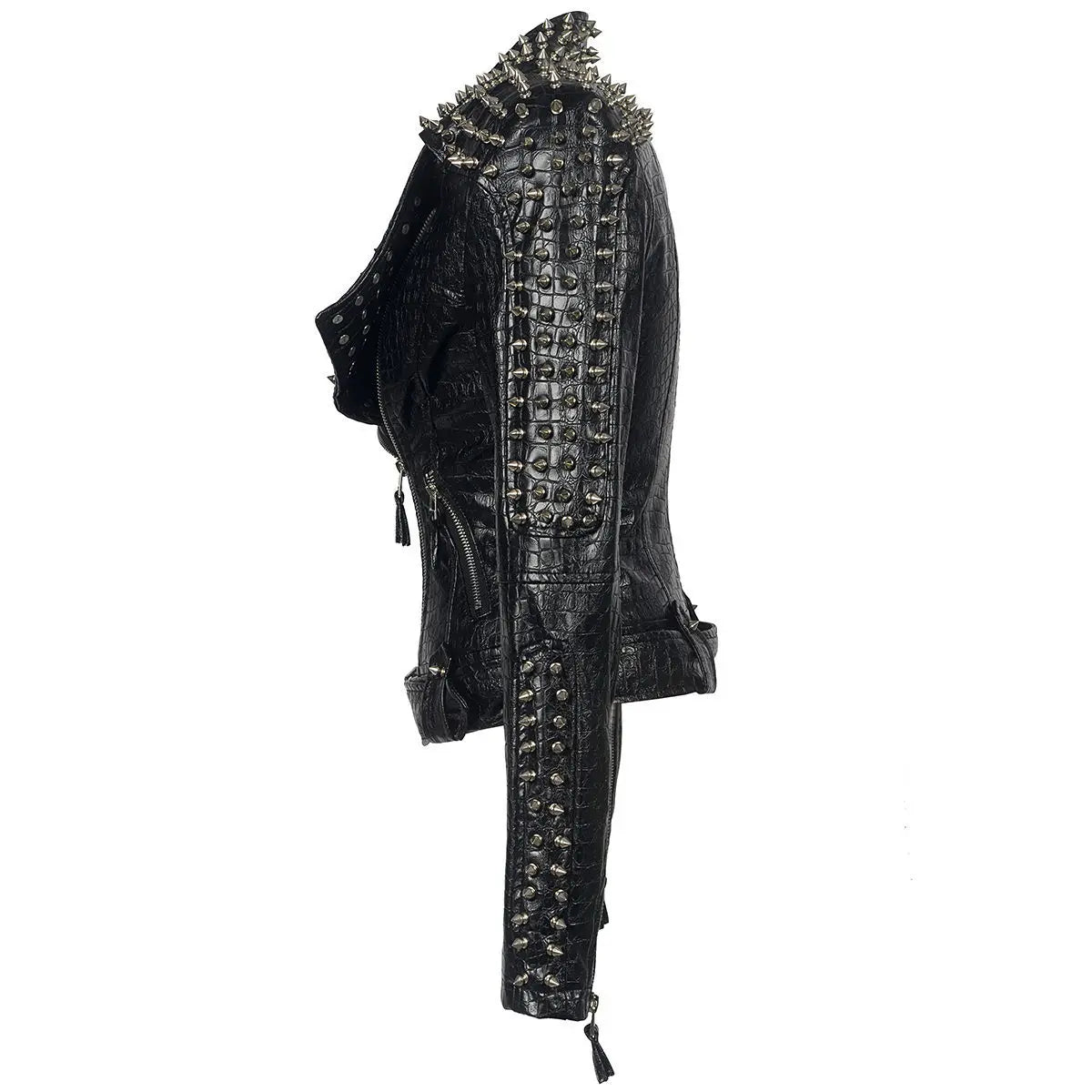 Winter multi rivet short PU leather coat long sleeve jacket fashion women punk Rock black leather clothing