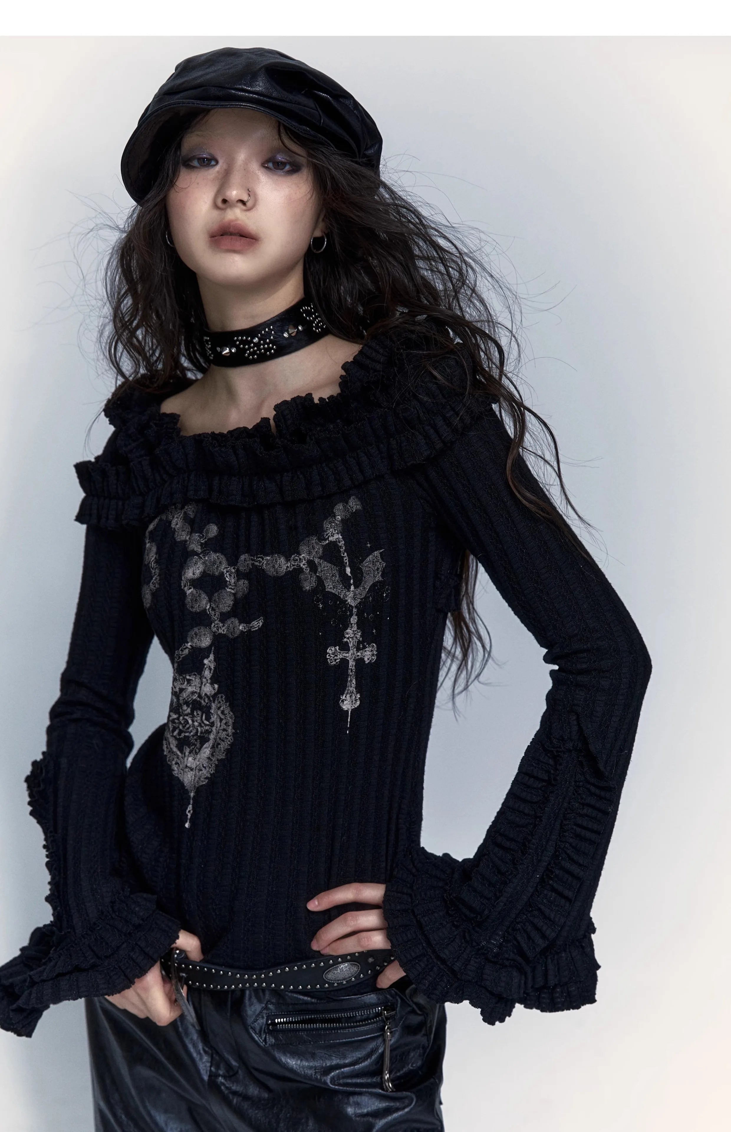 Karrcat Grunge Aesthetics Knitted Tops Vintage Off Shoulder Tattoo Print T-shirt Wasteland Punk Black Ribbed Tee Shirt Gothic