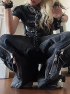 Black Gothic Punk Multi-Pocket Zipper Black Jeans Men And Women Y2K American Baggy Fashion Vintage Casual Loose Wide-Leg Jeans