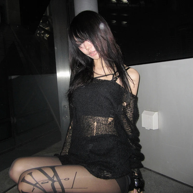 Karrcat Grunge Aesthetics Hollow Out Pullover Trashy 2000s Style Off Shoulder Knit Tops Japanese Y2k Hole Sweater Ripped Gothic