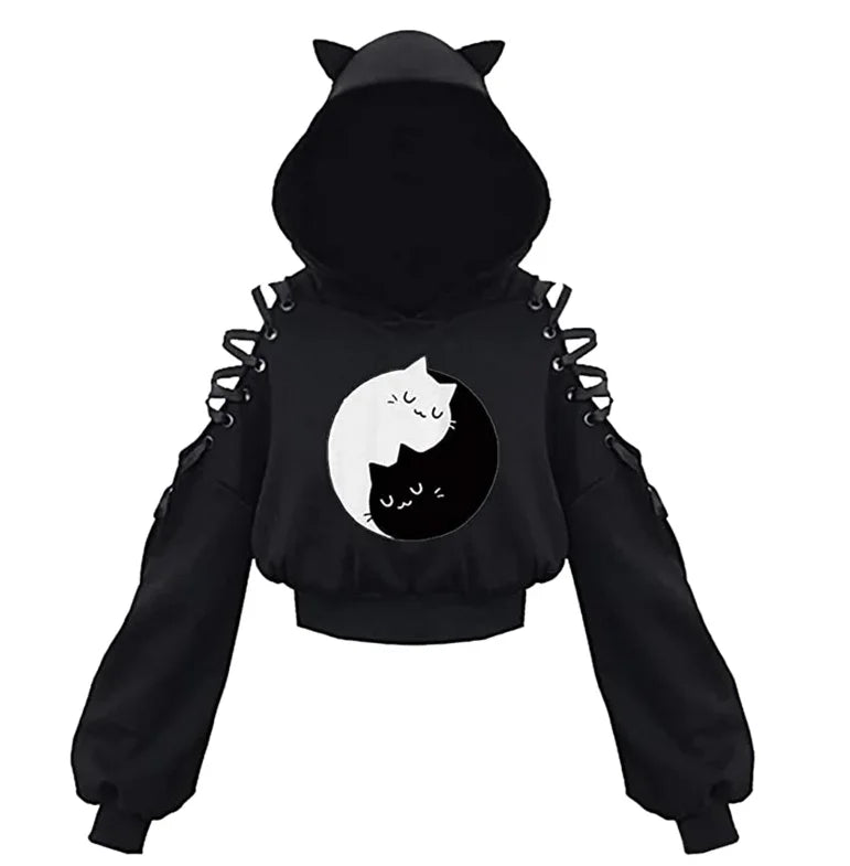 Women's Clothes Solid Color Gothic Hoddies Women's Sweatshirt Hollow Out Long Sleeve Hodded Casual Pullover Summer Autumn Y2k