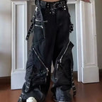 Black Gothic Punk Multi-Pocket Zipper Black Jeans Men And Women Y2K American Baggy Fashion Vintage Casual Loose Wide-Leg Jeans