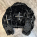Winter Women Cotton Jacket Lapel Long Sleeve Patch Cross Short Fur Coat Black 2025 New