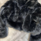 Winter Women Cotton Jacket Lapel Long Sleeve Patch Cross Short Fur Coat Black 2025 New