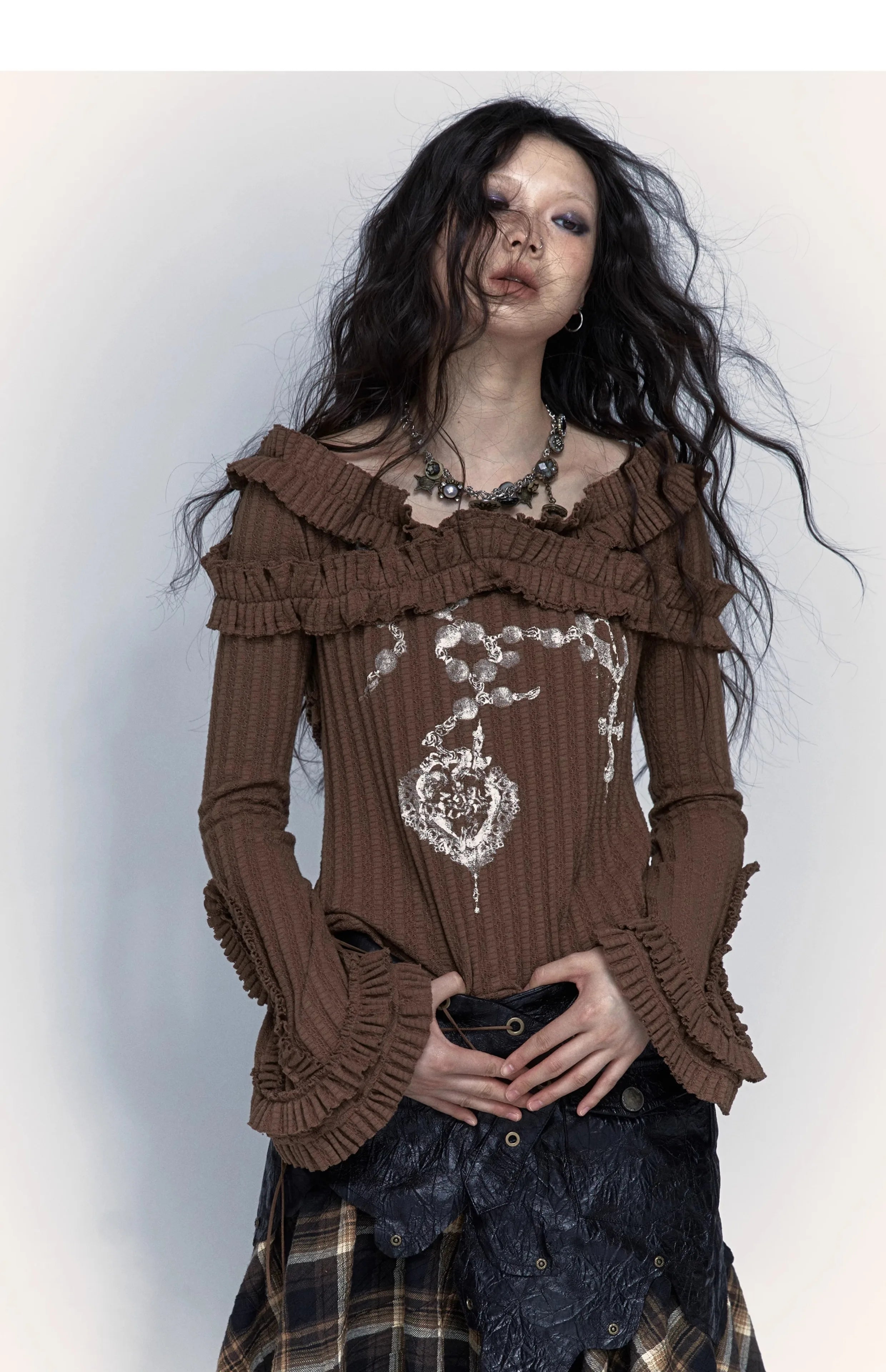 Karrcat Grunge Aesthetics Knitted Tops Vintage Off Shoulder Tattoo Print T-shirt Wasteland Punk Black Ribbed Tee Shirt Gothic