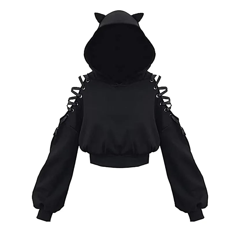 Women's Clothes Solid Color Gothic Hoddies Women's Sweatshirt Hollow Out Long Sleeve Hodded Casual Pullover Summer Autumn Y2k