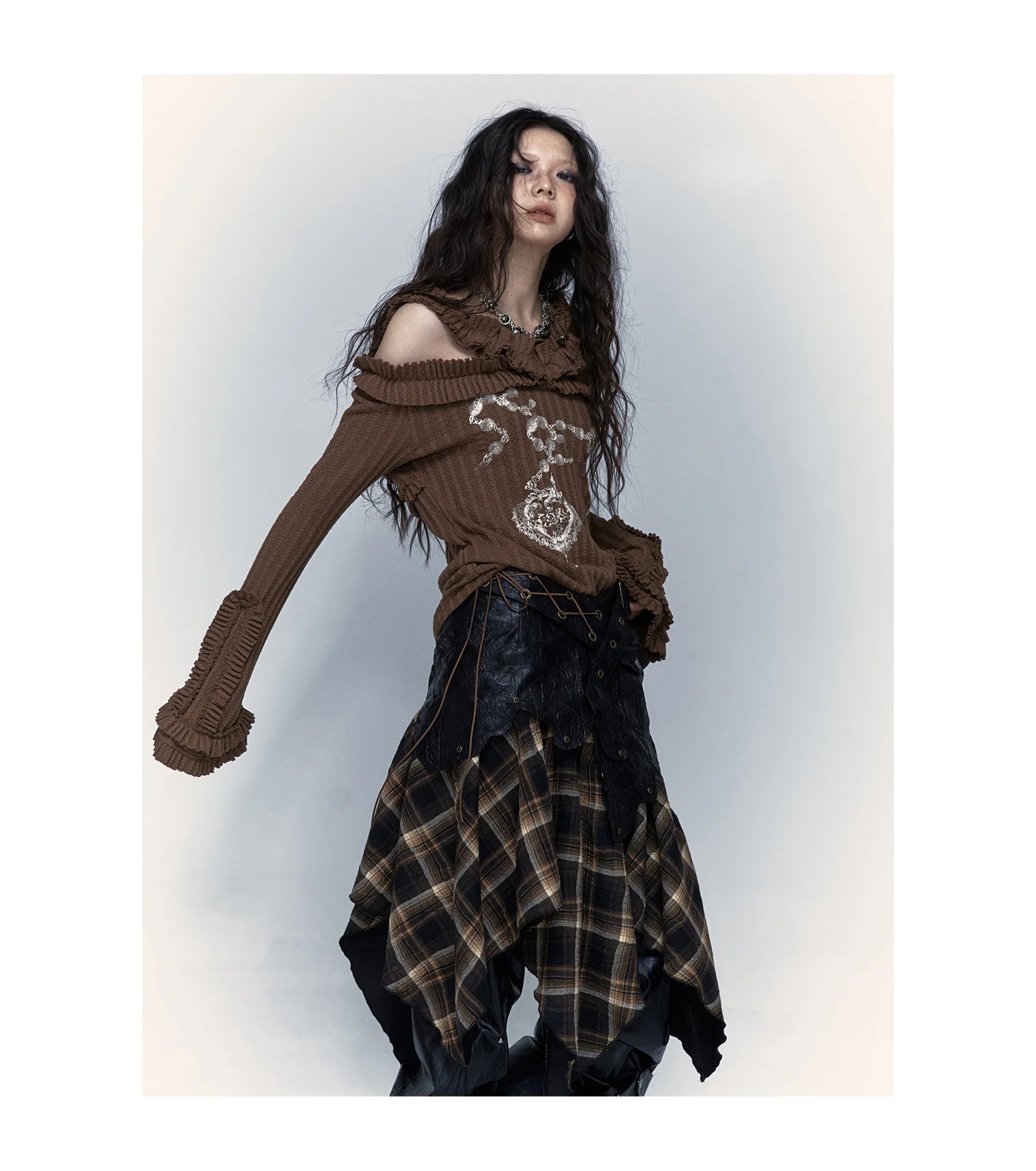 Karrcat Grunge Aesthetics Knitted Tops Vintage Off Shoulder Tattoo Print T-shirt Wasteland Punk Black Ribbed Tee Shirt Gothic