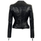 Winter multi rivet short PU leather coat long sleeve jacket fashion women punk Rock black leather clothing