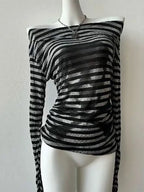 Gothic Vintage Skull Stripe T-shirt Women Off shoulder Top Designer Knitted Basic Long sleeve Tees 2000s Y2k Clothes Fashion New