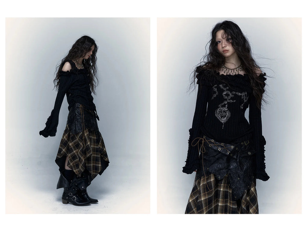 Karrcat Grunge Aesthetics Knitted Tops Vintage Off Shoulder Tattoo Print T-shirt Wasteland Punk Black Ribbed Tee Shirt Gothic