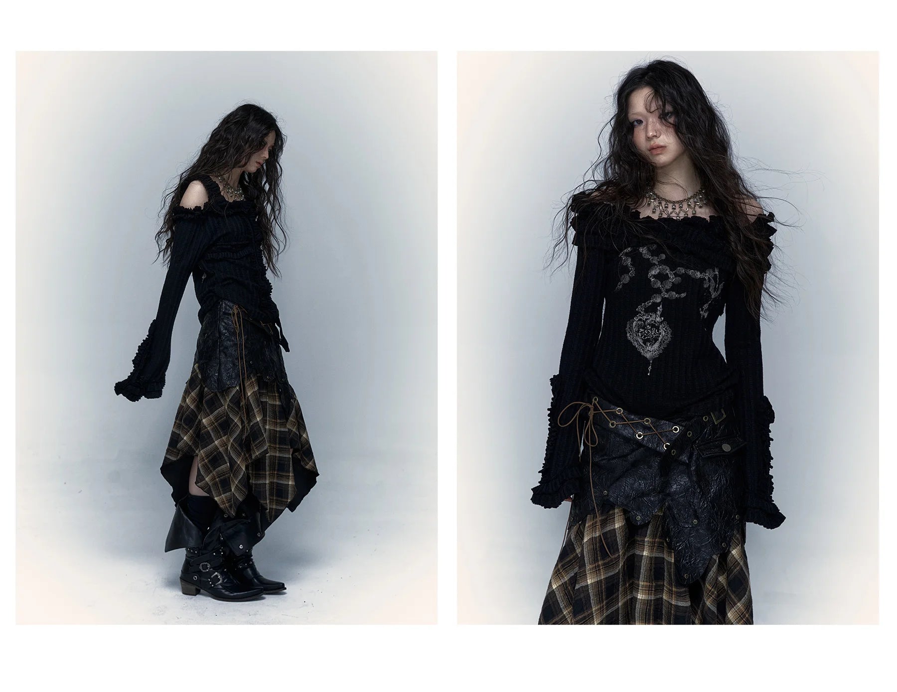 Karrcat Grunge Aesthetics Knitted Tops Vintage Off Shoulder Tattoo Print T-shirt Wasteland Punk Black Ribbed Tee Shirt Gothic