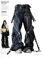 Black Gothic Punk Multi-Pocket Zipper Black Jeans Men And Women Y2K American Baggy Fashion Vintage Casual Loose Wide-Leg Jeans