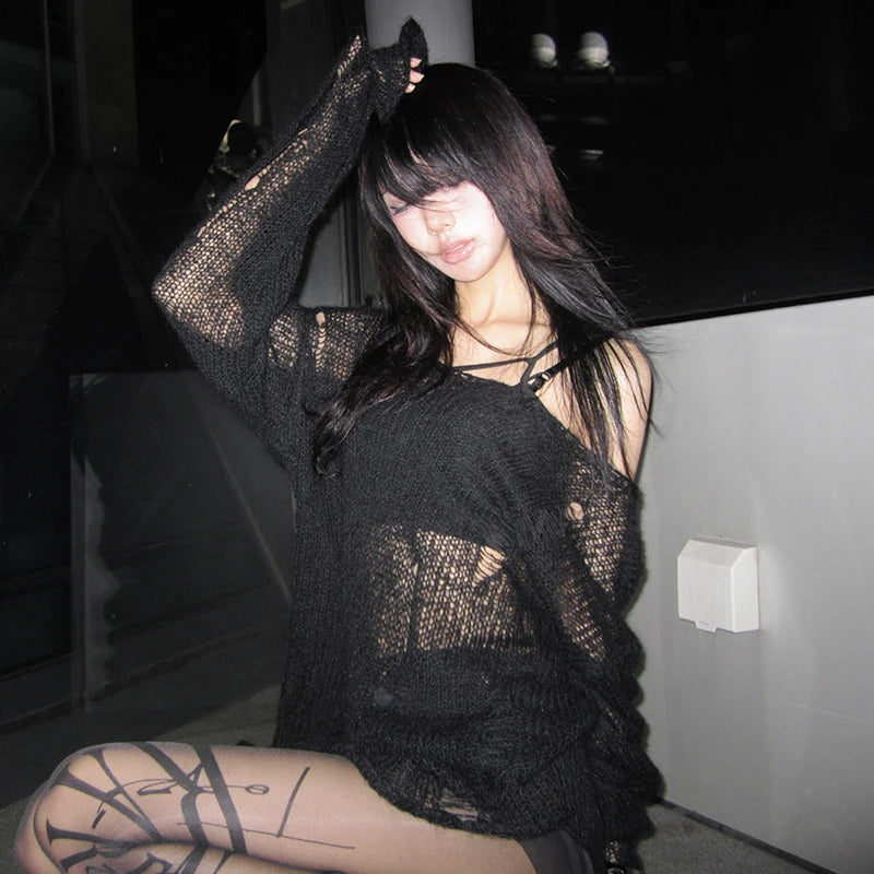 Karrcat Grunge Aesthetics Hollow Out Pullover Trashy 2000s Style Off Shoulder Knit Tops Japanese Y2k Hole Sweater Ripped Gothic
