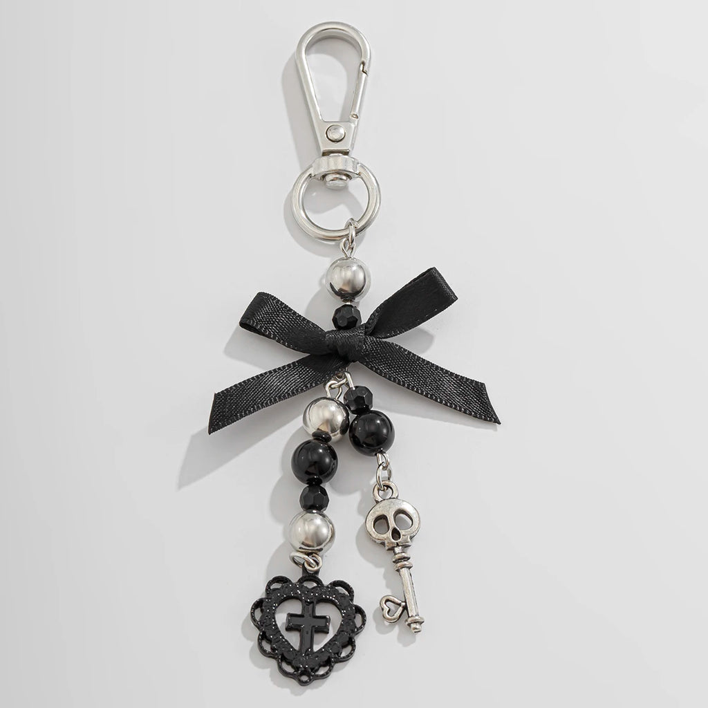 IngeSight.Z New Goth Black Bowknot Keychain Women 2024 Classic Cross Love Heart Key Ring Ladies Halloween Jewelry Gift