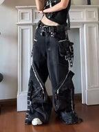 Black Gothic Punk Multi-Pocket Zipper Black Jeans Men And Women Y2K American Baggy Fashion Vintage Casual Loose Wide-Leg Jeans