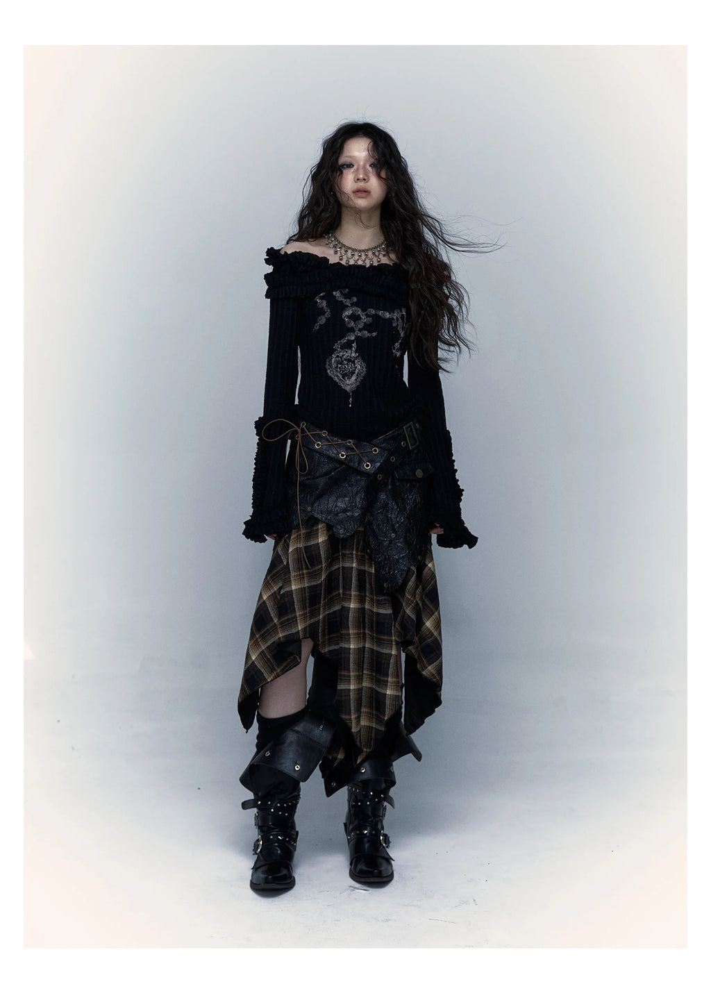 Karrcat Grunge Aesthetics Knitted Tops Vintage Off Shoulder Tattoo Print T-shirt Wasteland Punk Black Ribbed Tee Shirt Gothic