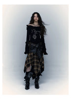 Karrcat Grunge Aesthetics Knitted Tops Vintage Off Shoulder Tattoo Print T-shirt Wasteland Punk Black Ribbed Tee Shirt Gothic